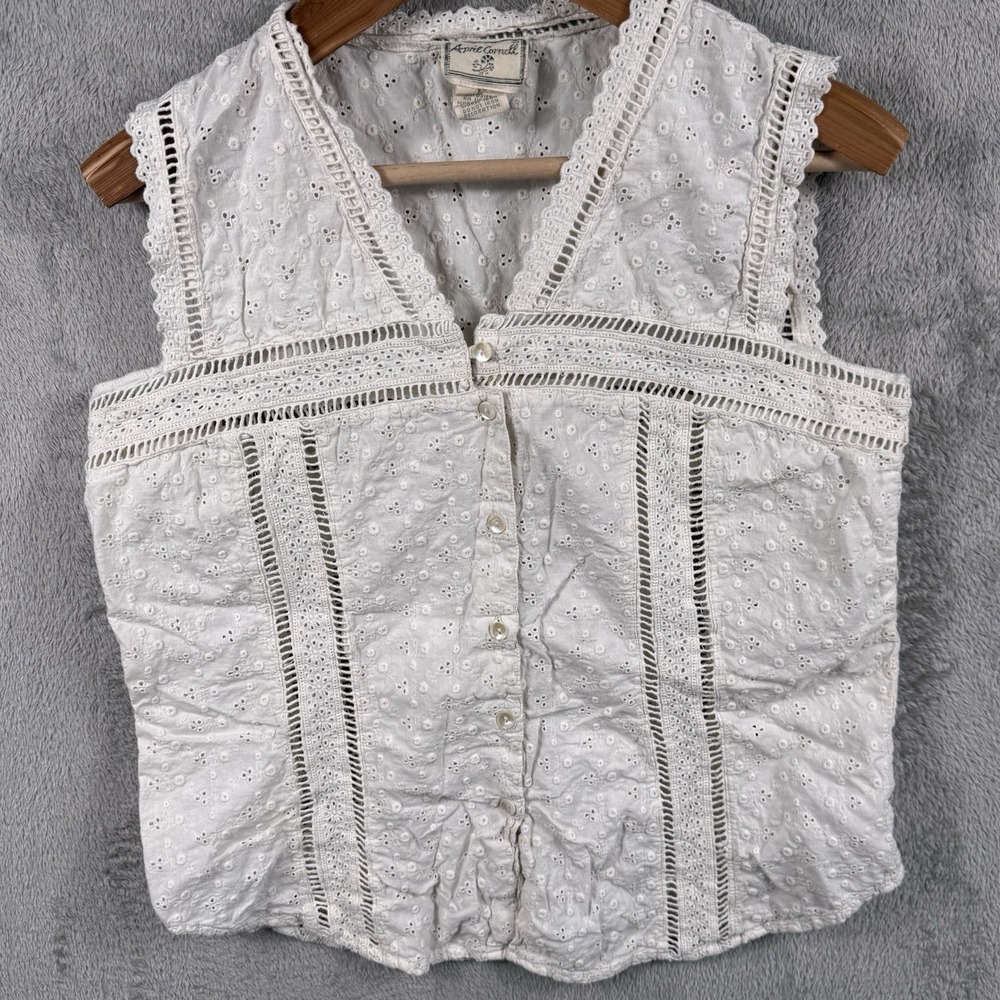 April Cornell Womens L White Eyelet Lace Cottagecore Boho Button Front Tank Top